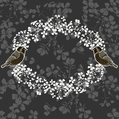 Oval. Vector oval frame made of white flowers with two birds on a flowered dark gray