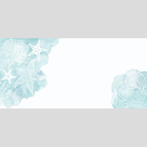 Vector image sea stars, corals, algae, decorative waves on blue watercolor fragments, space for text on white