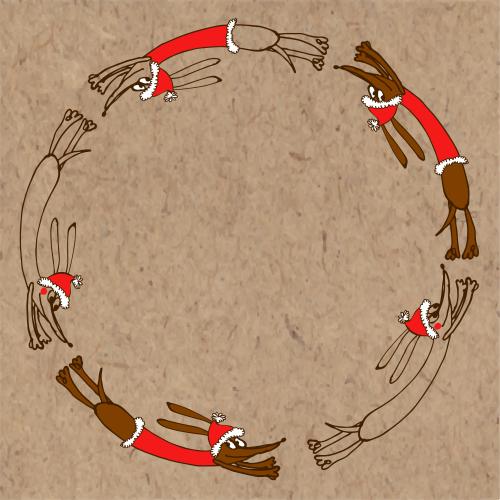 Dog. Vector cartoon dogs in christmas hats and costumes running in a circle, circular frame on craft