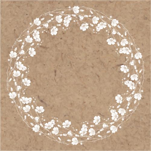 Flax. Vector round frame-wreath from blooming flax white silhouettes on craft