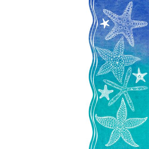 Vector image sea stars wavy lines on blue-green watercolor fragment space for text on white