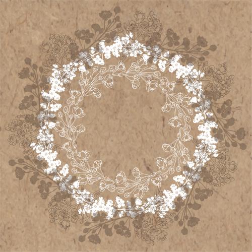 Apricot. Vector blooming apricot branches, silhouettes and contours, round frame on craft