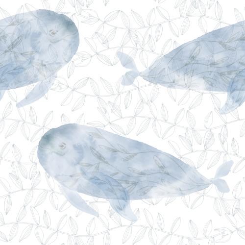 Raster image watercolor whales, wavy waves-seaweed on white