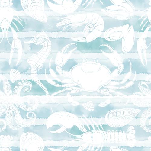 Shell. Vector Pattern sea horse, octopus, crab, mussels, oyster, lobster, crayfish, shrimp, shell, white silhouettes on blue watercolor