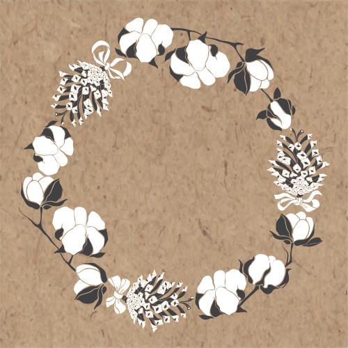 Cotton. Vector round frame from cotton twigs and cones with ribbons on craft