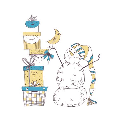 Northern cardinal. Vector funny gift boxes and cartoonish snowman with a bird on white