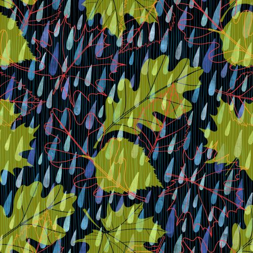 Raster image maple, birch, oak leaves and watercolor raindrops on black