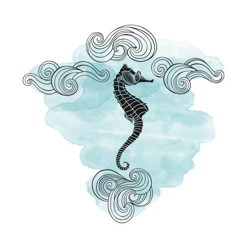 Illustration sea horses and decorative waves on a blue watercolor