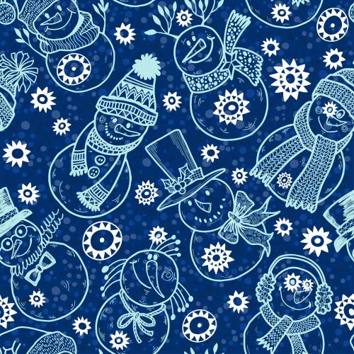 Snowflake. Vector cute cartoon snowmen, snowflakes on blue checkered
