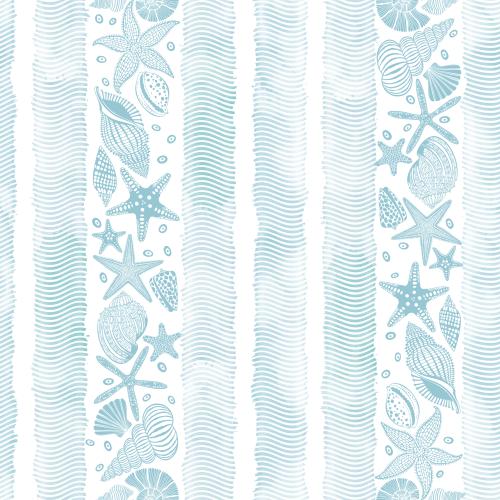 Scallop. Vector sea stars shells watercolor waves on white
