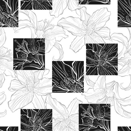 Vector image fragments of lilies in black squares, gray outlines of flowers on white