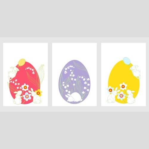 Balloon. Vector three postcards with colorful easter eggs cute rabbits lilies of the valley daffodils on white