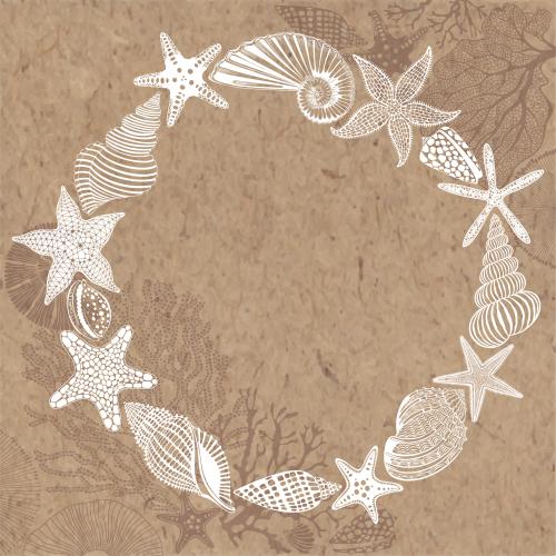Nautilus. Vector round frame of sea stars and shells on craft