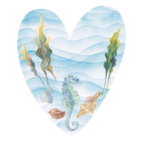 Raster image watercolor seahorse shells seaweed waves composition in the shape of a heart on white