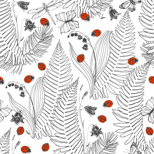 Forest. Vector lilies bells fern leaves coniferous twigs butterflies dragonflies and ladybugs on white