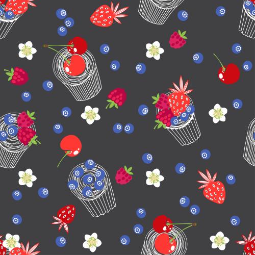 Bilberry. Vector cakes with berries: raspberry, strawberry, cherry, blueberry, flowers on black
