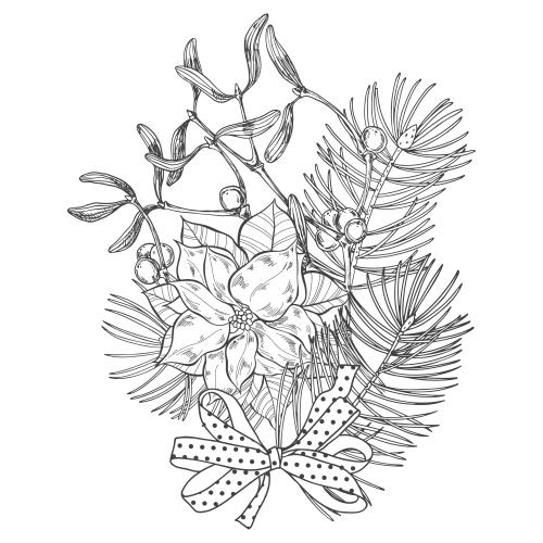 Pine. Vector winter festive bouquet with a bow of mistletoe, poinsettia, and evergreen branches