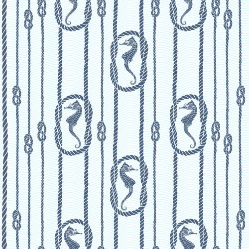Rope. Vector Pattern sea horses and ropes with sea knots on blue waves