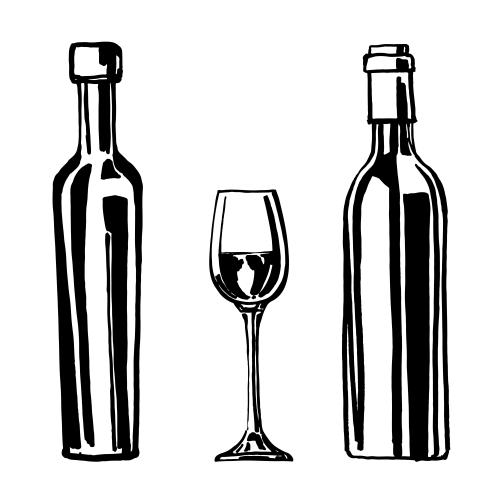 Drink. Vector two bottles and a glass with wine, sketch on white