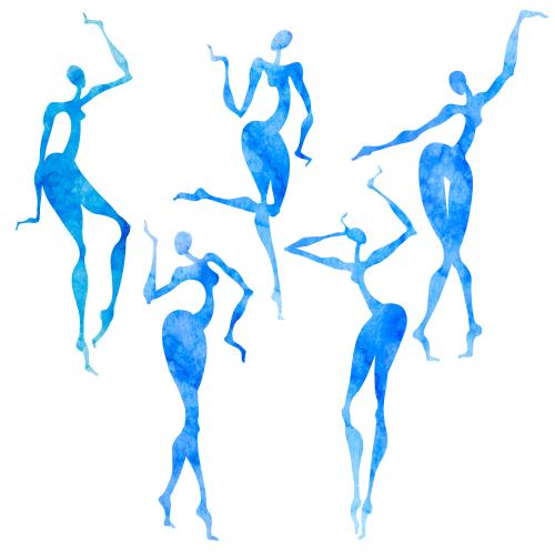 Raster image dancing women blue watercolor silhouettes on white