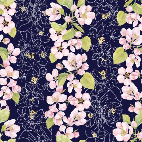 Raster image flowers and apple tree leaves on the blue