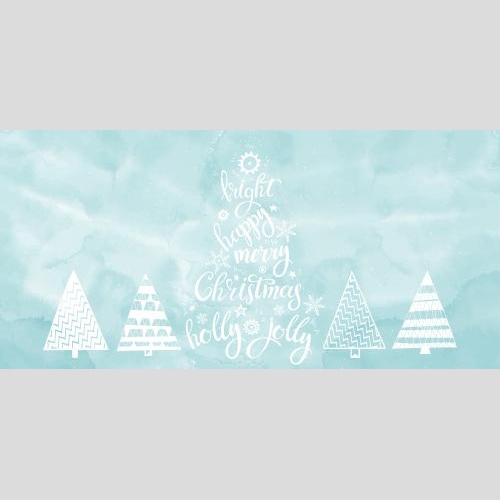 Vector image stylized fir trees wishes in english on blue watercolor