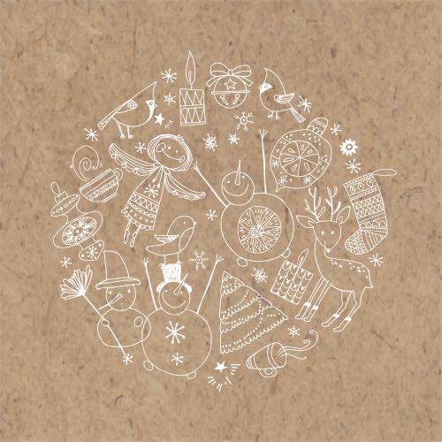 Cup. Vector angel snowmen deer toys candles and other winter holiday symbols in a circle on craft