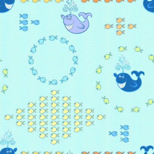Animals. Vector cartoon fish and whales on waves