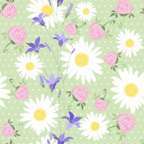 Pea. Vector daisies bellflower and clover on green in checkered