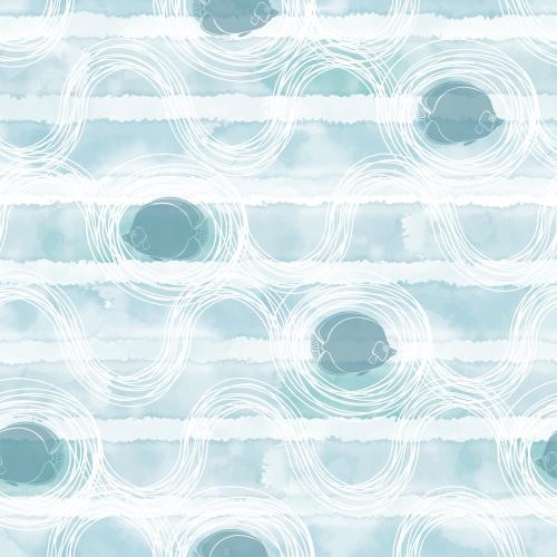 Illustration tropical fish, decorative waves on blue watercolor