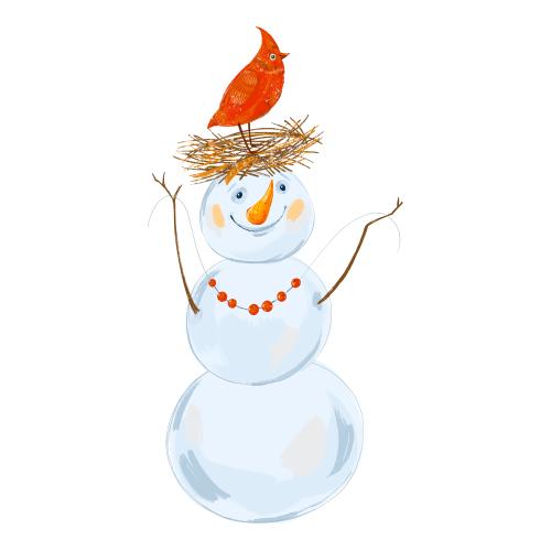 Northern cardinal. Vector cartoon snowman with a nest and a cardinal bird on the head