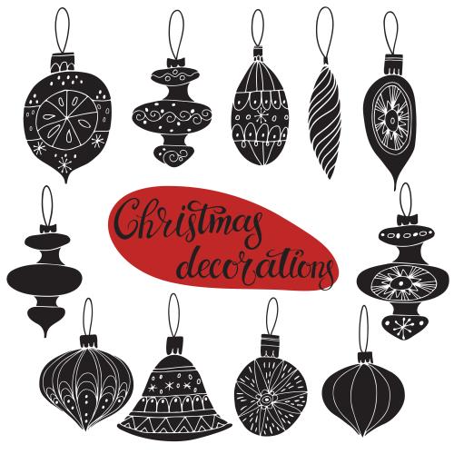 Toys. Vector christmas tree decorations, black silhouettes on white, scandi style