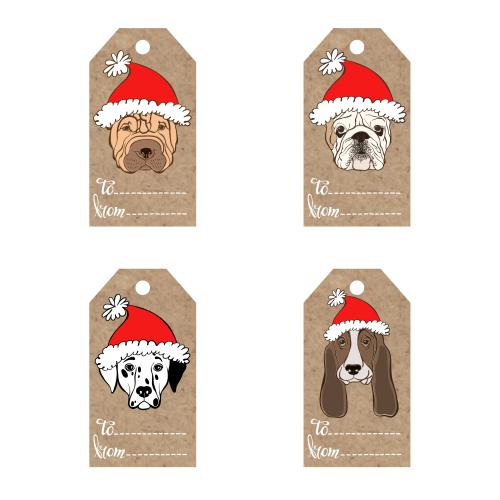 Dog. Vector craft tags with cute dog faces in christmas hats