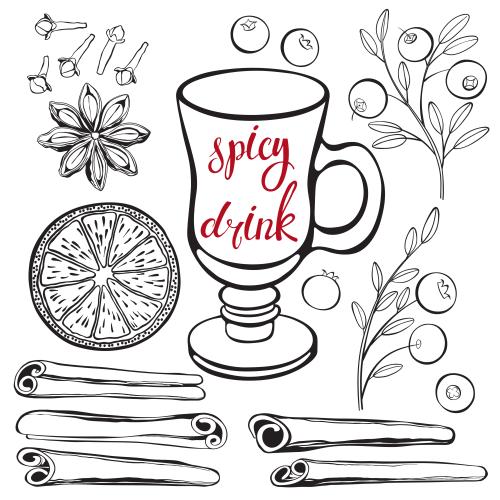 Spice. Vector spiced drink, black contours on white
