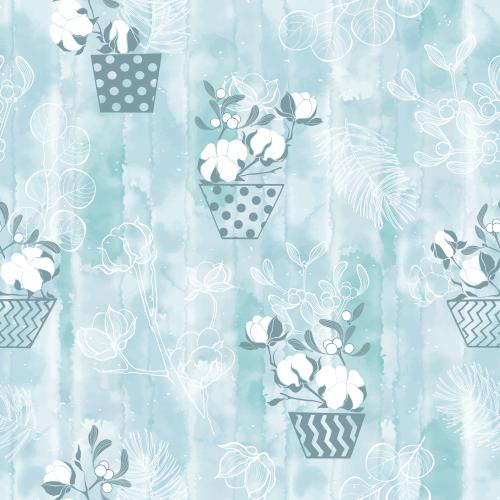 Cotton. Vector cotton eucalyptus pine mistletoe branches in pots on blue watercolor