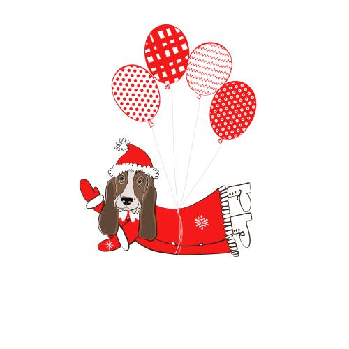 Basset hound. Vector basset hound in santa claus costume flying on balloons
