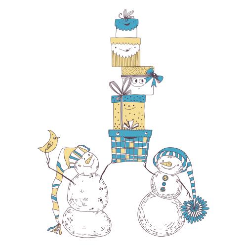 Vector image cartoonish snowmen and gifts on white