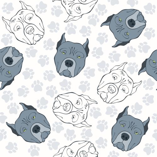 Dog. Vector pitbull muzzles, paw prints on white