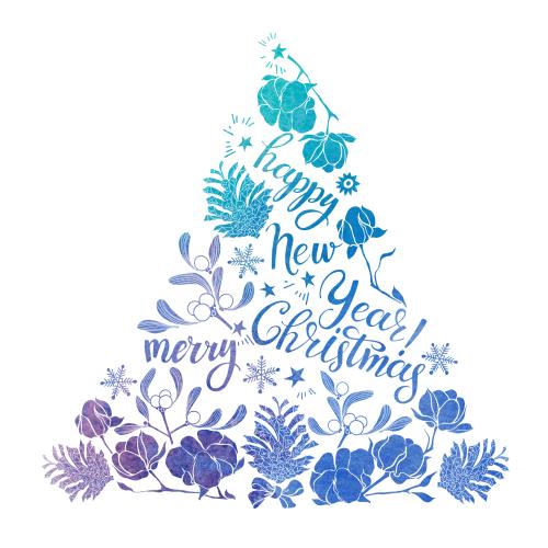Raster image holiday arrangement in the shape of a tree from cotton twigs mistletoe cones snowflakes and wishes happy new year merry christmas on white