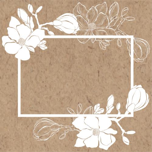 Bud. Vector magnolia rectangular frame with silhouettes and outlines of flowers on craft