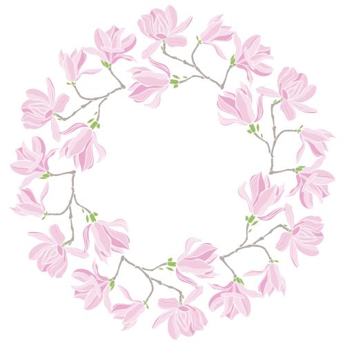 Vector image pink magnolia flowers round frame on white