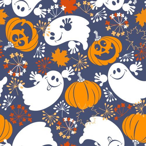 Autumn. Vector cute ghosts, funny pumpkins, leaves on blue