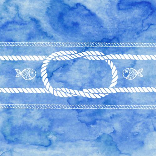 Vector image ropes naval knot little fish on blue watercolor