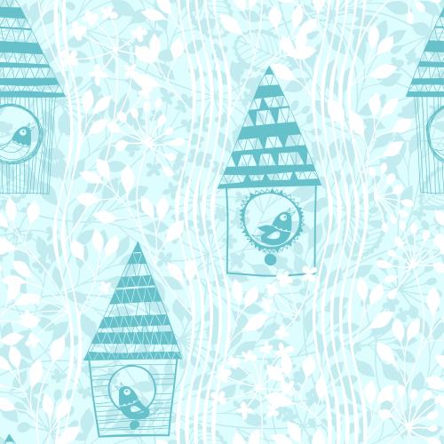Tree. Vector birdhouses with singing birds, stylized forest on blue