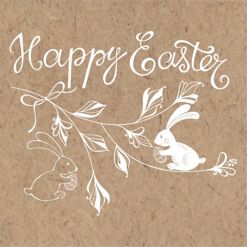 Illustration stylish branch with a bow, two rabbits with easter eggs and the 'happy easter' inscription on kraft
