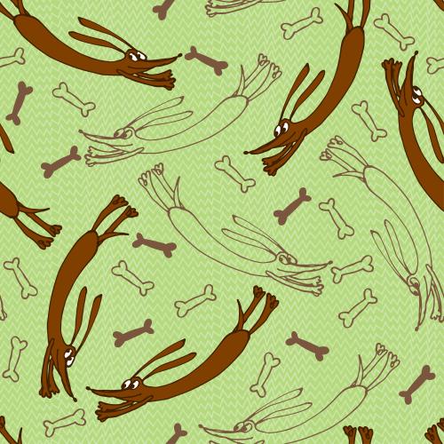 Grass. Vector cartoonish dogs run after bones on the grass