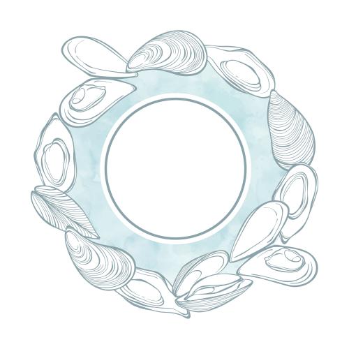 Mussel. Vector midis, blue watercolor fragment, white circular text area