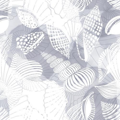 Raster image gray watercolor spots on white shells and nautiluses
