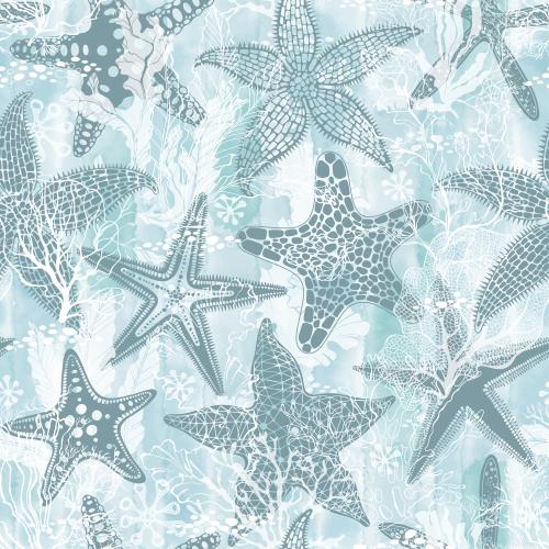 Vector image sea stars corals algae on blue watercolor