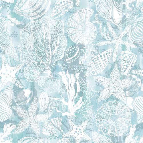 Nautilus. Vector sea stars shells nautilus sea urchin corals algae on a blue watercolor